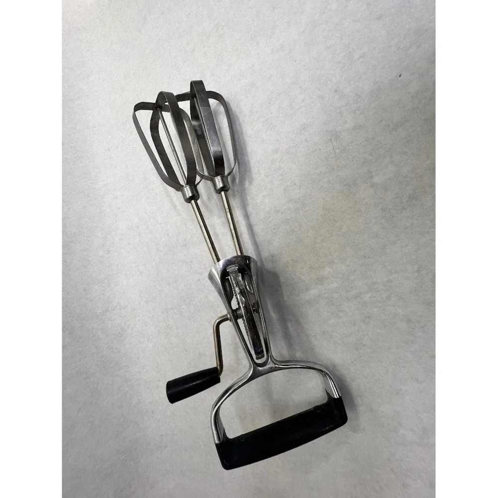 Vintage Hand Crank Egg Beater Manual Rotary Mixer Stainless Steel Black Handle